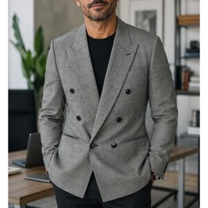 Vtg 40 Double Breasted GLEN PLAID Blazer Black Italian Wool Jacket UNWORN  ***